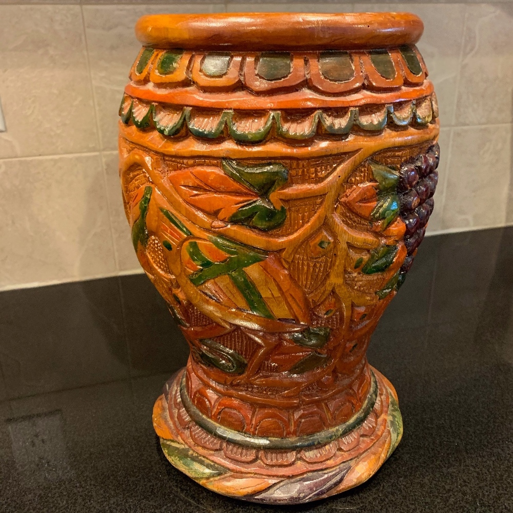 Carved Wooden Hand Crafted Colored Vase Decor